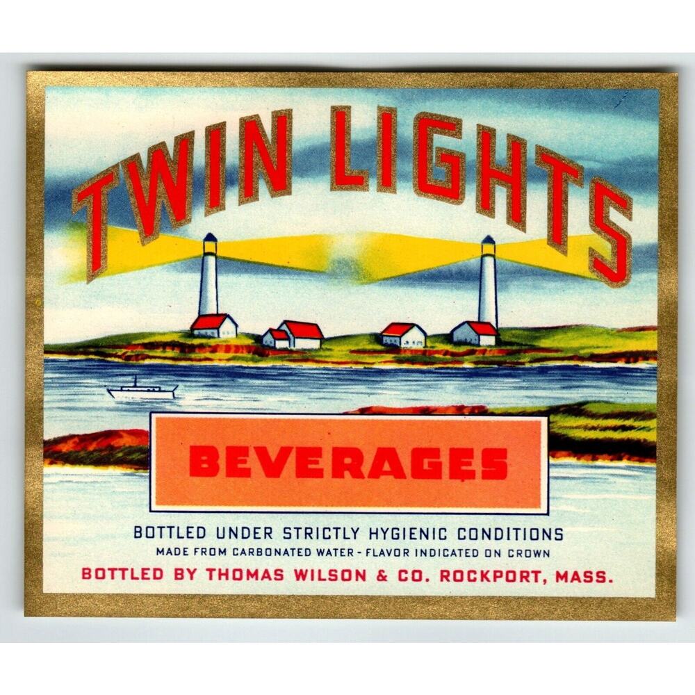 Twin Lights Lighthouses Cottages Boat River Label Original Vintage Beverage
